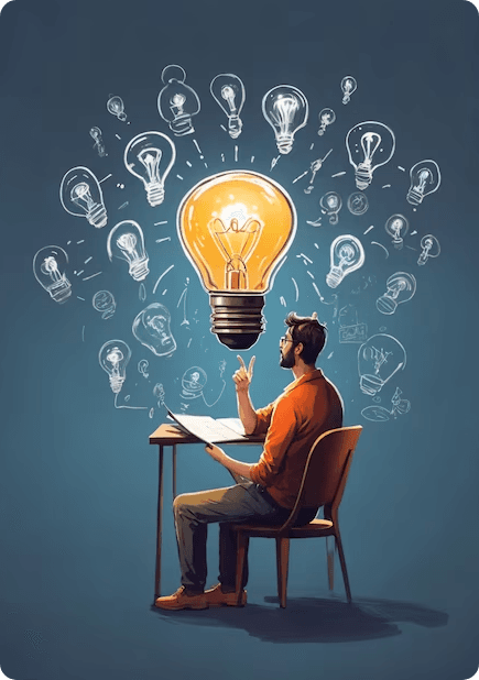 Image of a man at a desk with a light bulb overhead, representing creativity and innovation